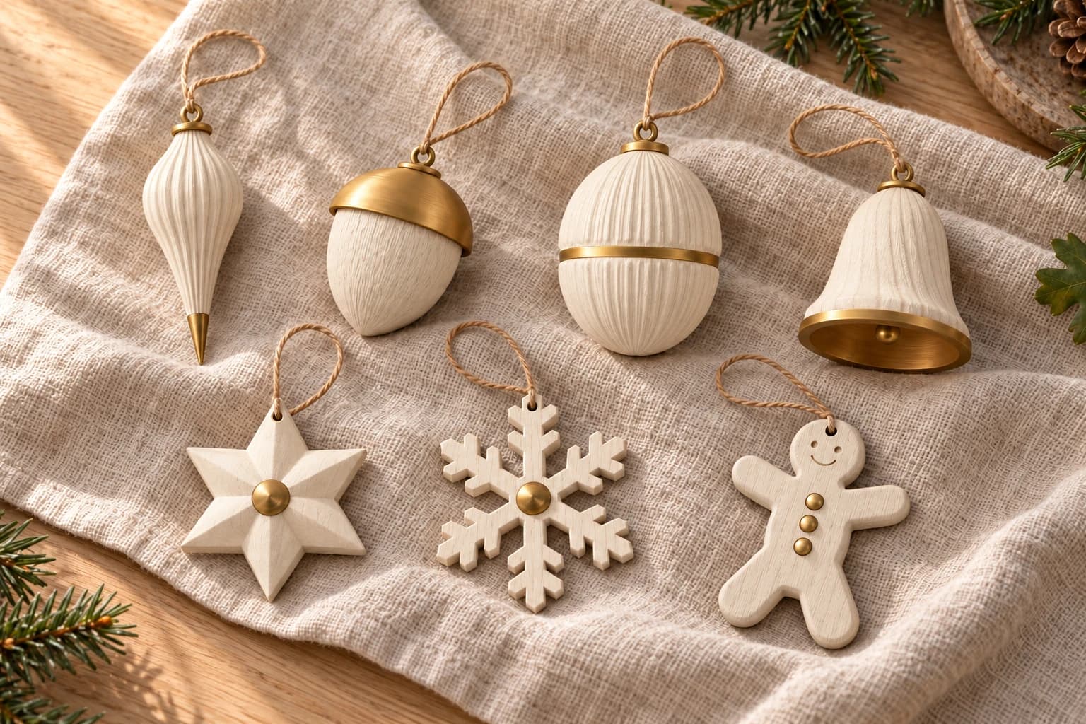 Seven full-size Winterwood baubles in White Wood with gold-coloured details, arranged on linen