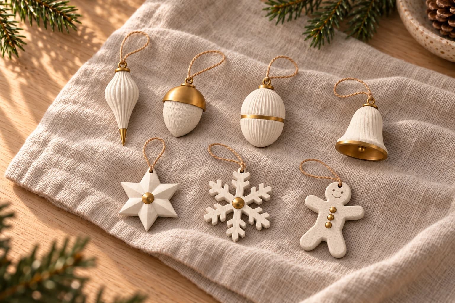 Seven Winterwood Mini baubles in White Wood with gold-coloured details, arranged on linen